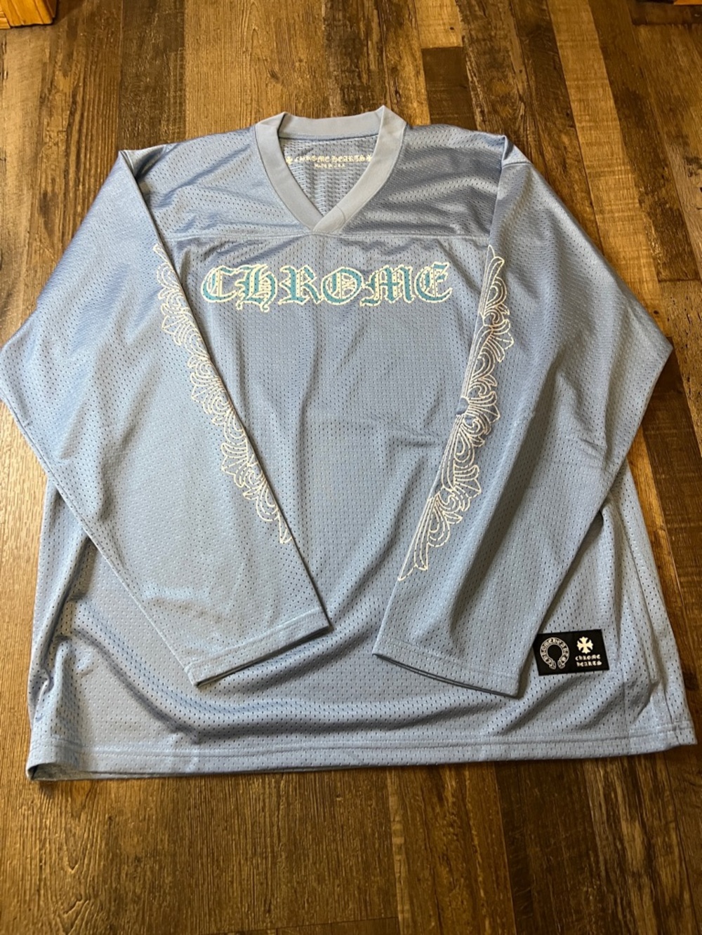 Chrome Hearts Pale Blue Long-Sleeve Mesh Football Jersey
